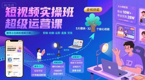 短视频实操班超级运营课，新手小白到短视频大神必修课程，剪辑-拍摄-运营-直播-变现-yicbd
