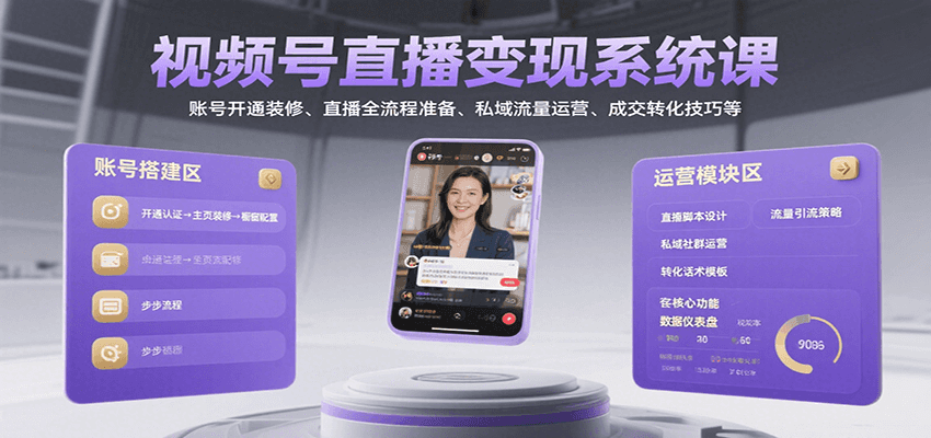视频号直播变现系统课，账号开通装修、直播全流程准备、私域流量运营、成交转化技巧等-yicbd