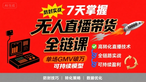 无人直播带货全链防封实战课，7天掌握高转化直播技术，实现单场GMV破万可持续模型-yicbd