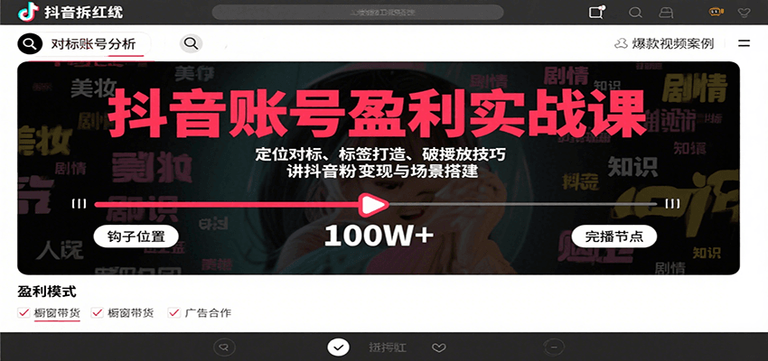 抖音账号盈利实战课，定位对标、标签打造、破播放技巧，讲涨粉变现与场景搭建-yicbd