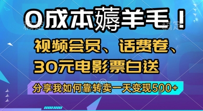 0成本薅羊毛!视频会员、话费卷、30元电影票白送，分享我如何靠转卖一天变现5张+【揭秘】-yicbd