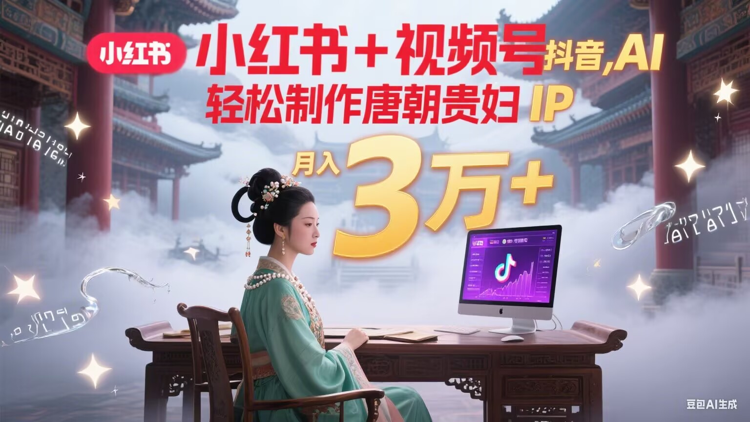 小红书+视频号+抖音，AI轻松制作唐朝贵妇IP，毒鸡汤、励志、减肥瘦身、养生赛道轻松切入，每天30分钟，轻松产出N条，月入3万+-yicbd