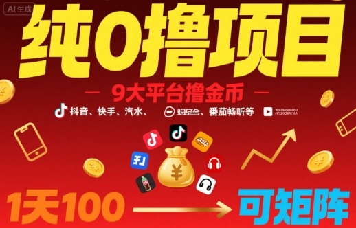 纯0撸项目，9大平台撸金币，抖音，快手，汽水，番茄畅听等，1天100，可矩阵-yicbd
