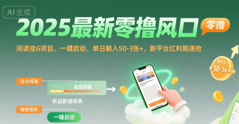 2025最新零撸风口，阅读挂G项目，一键启动，单日躺入 50-3张+，新平台红利期速抢【揭秘】-yicbd