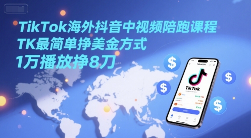 TikTok海外抖音中视频陪跑课程，TK最简单挣美金方式，1万播放挣8刀-yicbd