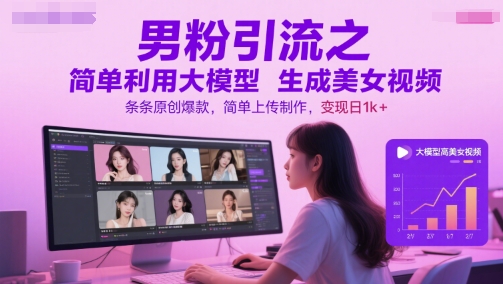 男粉引流之简单利用大模型生成美女视频，条条原创爆款，简单上传制作，变现日1k+-yicbd