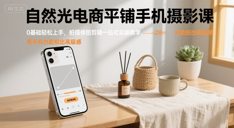 自然光电商平铺手机摄影课，0基础轻松上手，拍摄修图剪辑一站式实操教学，用手机也能拍出高级感-yicbd