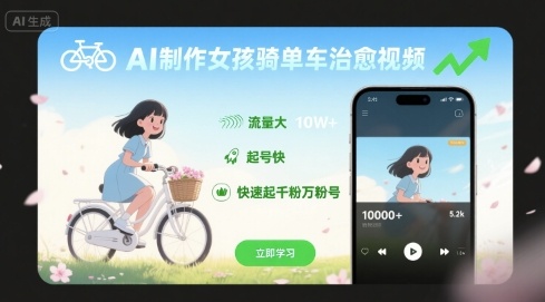 AI制作女孩骑单车治愈视频，流量大，起号快，快速起千粉万粉号-yicbd