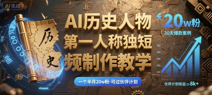 最新AI历史人物第一人称独白短视频制作教学，一个半月20w粉，可过伙伴计划-yicbd