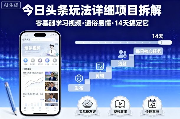 今日头条玩法详细项目拆解，零基础学习视频 通俗易懂 14天搞定它-yicbd