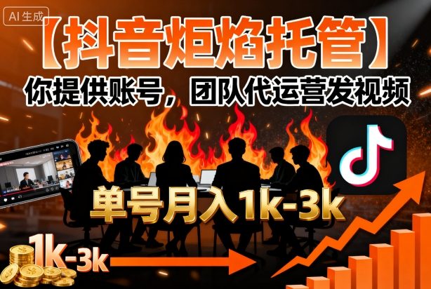 【抖音炬焰托管】你提供账号，团队代运营发视频，单号月入1k+【揭秘】-yicbd